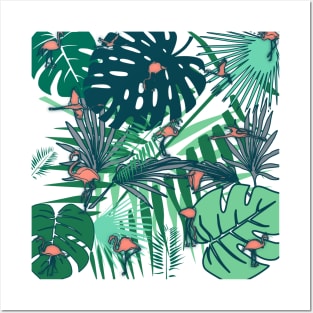 Flamingos and tropical leaves Posters and Art